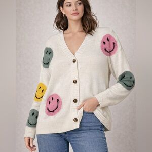 0211. Smiley Face Cardigan Sweater - Cream, Pink, Yellow, Green